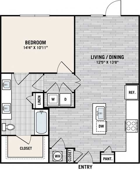 Floor plan for 1 bed, 1 bath, 840 sqft